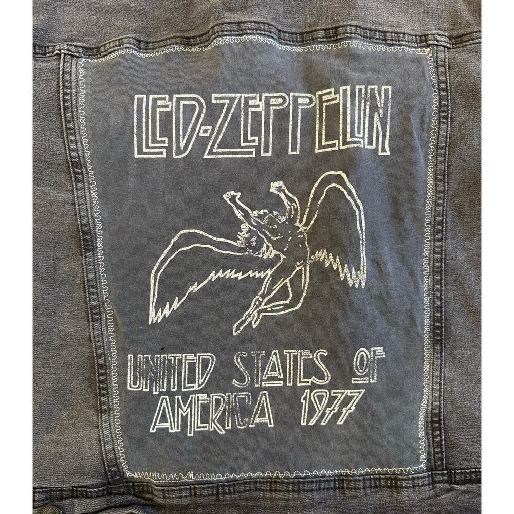 LED ZEPPELIN Upcycled Gray Denim Jacket Retro Vintage Band 60s Rock Size 2XL - Picture 10 of 11